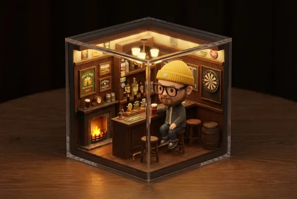 Cozy miniature pub diorama inside an acrylic cube
