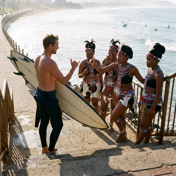 Surfer and Zulu Dancers Collide on Durban Steps