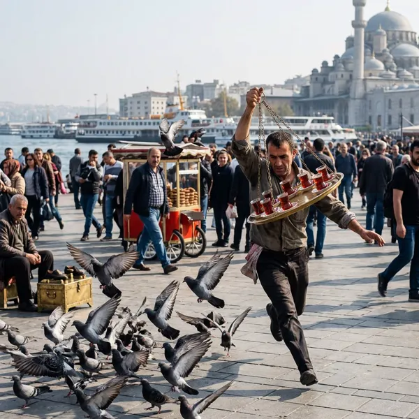 A Turkish tea delivery man running through a crowded square