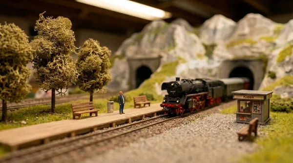 Miniature steam train passing a tiny station platform