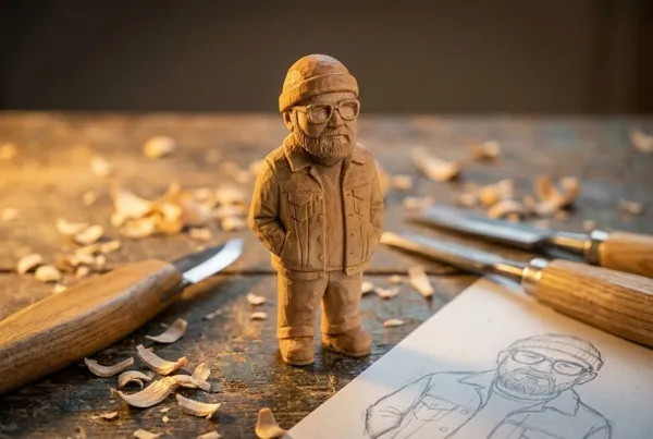 Hand-carved wooden miniature figure in a cozy workshop
